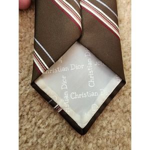 Vintage Christian Dior necktie, Brown, maroon, red, white stripes.